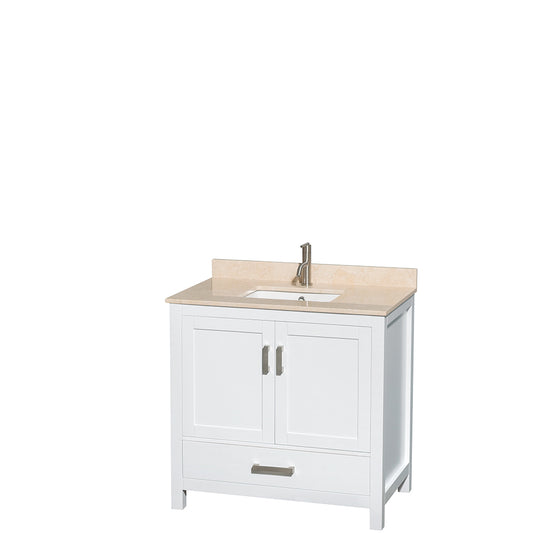 Sheffield 36 inch Single Bathroom Vanity in White, Ivory Marble Countertop, Undermount Square Sink, and No Mirror