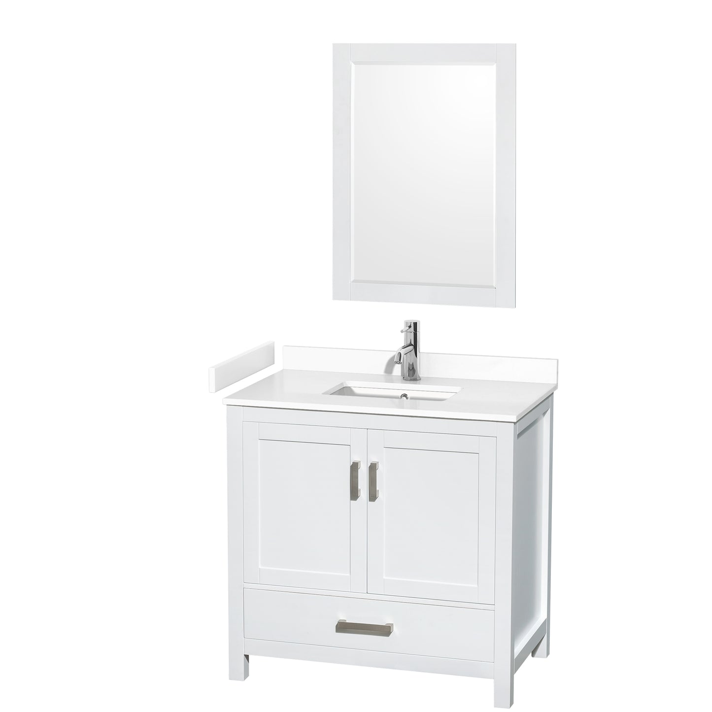 Sheffield 36" Single Vanity in White, White Marble Top, Square 24" Mirror