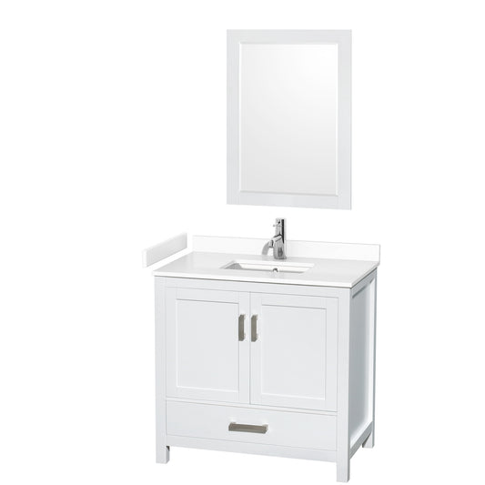 Sheffield 36" Single Vanity in White, White Marble Top, Square 24" Mirror
