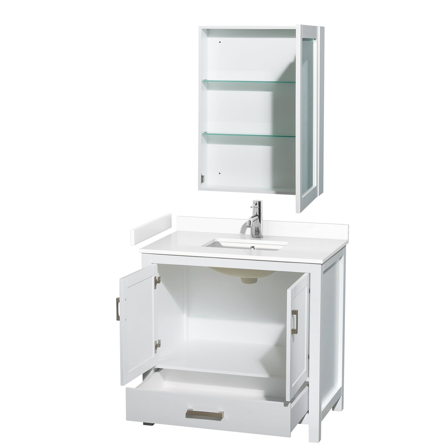 Sheffield 36" Single Vanity in White, White Marble Top, Square Medicine Cabinet