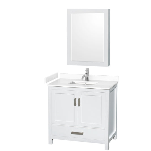 Sheffield 36" Single Vanity in White, White Marble Top, Square Medicine Cabinet