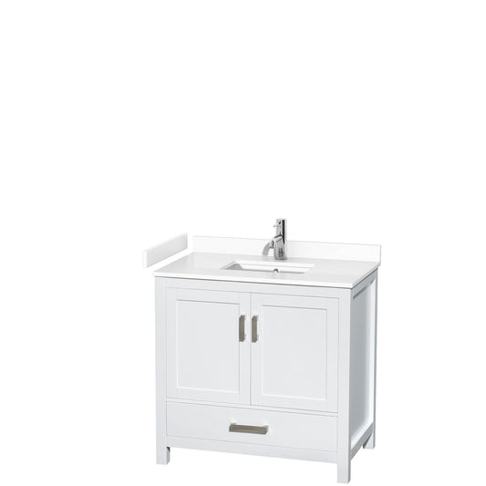 Sheffield 36" Single Vanity in White, White Marble Top, Square No Mirror