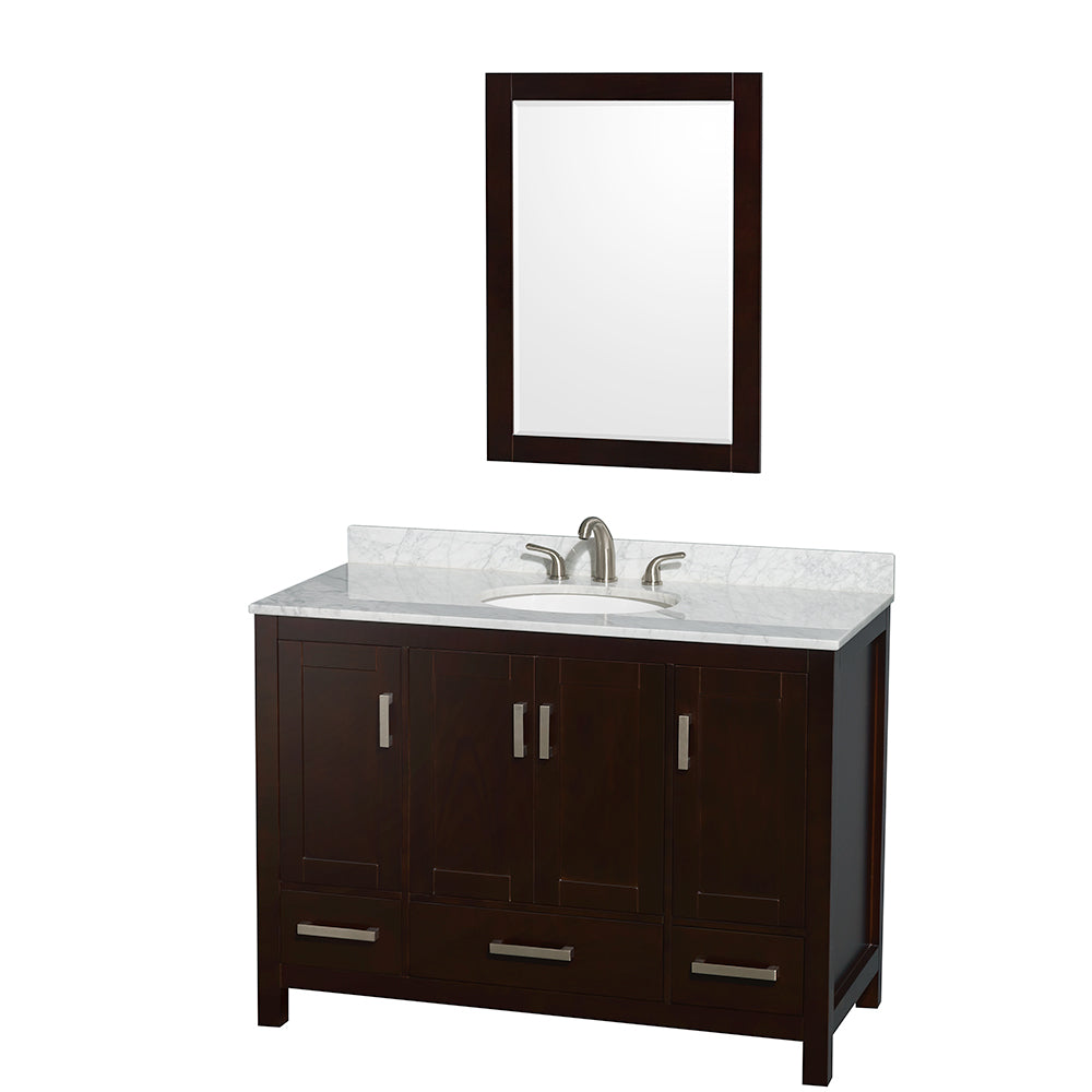 Sheffield 48 inch Single Bathroom Vanity in Espresso, White Carrara Marble Countertop, Undermount Oval Sink, and 24 inch Mirror