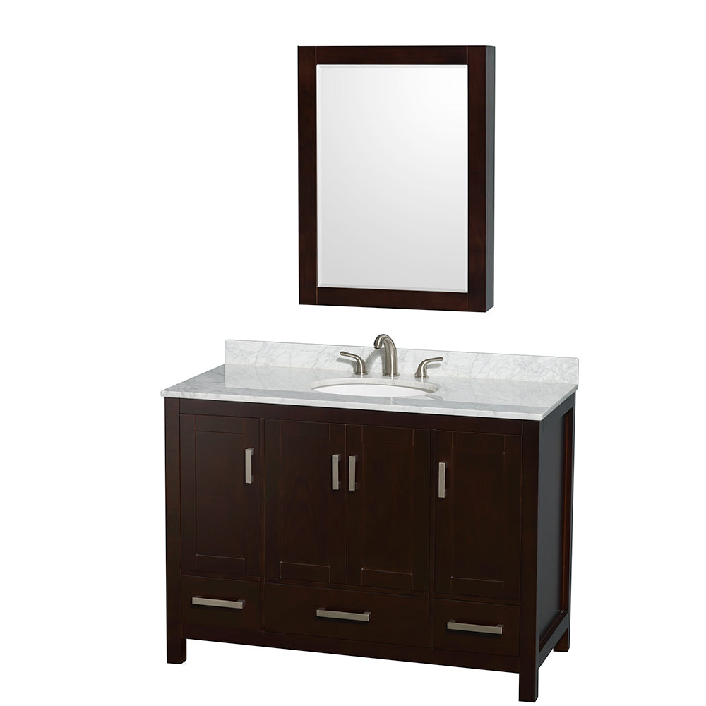 Sheffield 48 inch Single Bathroom Vanity in Espresso, White Carrara Marble Countertop, Undermount Oval Sink, and Medicine Cabinet