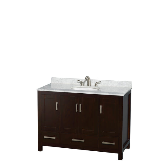 Sheffield 48 inch Single Bathroom Vanity in Espresso, White Carrara Marble Countertop, Undermount Oval Sink, and No Mirror