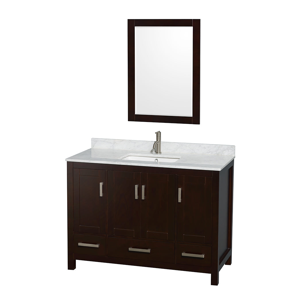 Sheffield 48 inch Single Bathroom Vanity in Espresso, White Carrara Marble Countertop, Undermount Square Sink, and 24 inch Mirror