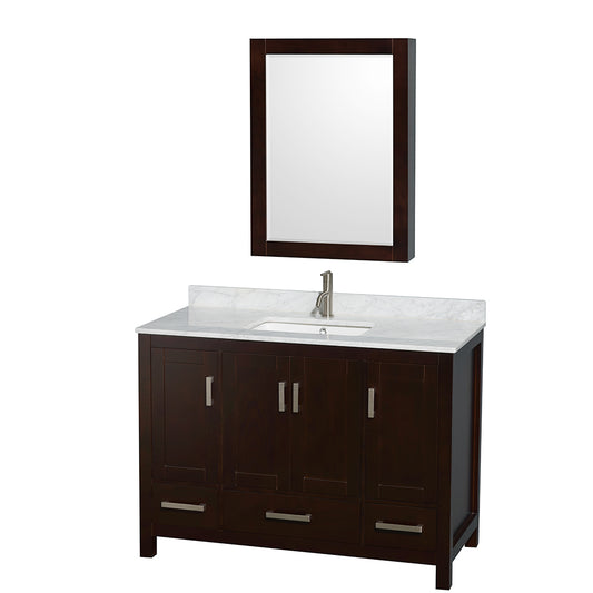 Sheffield 48 inch Single Bathroom Vanity in Espresso, White Carrara Marble Countertop, Undermount Square Sink, and Medicine Cabinet