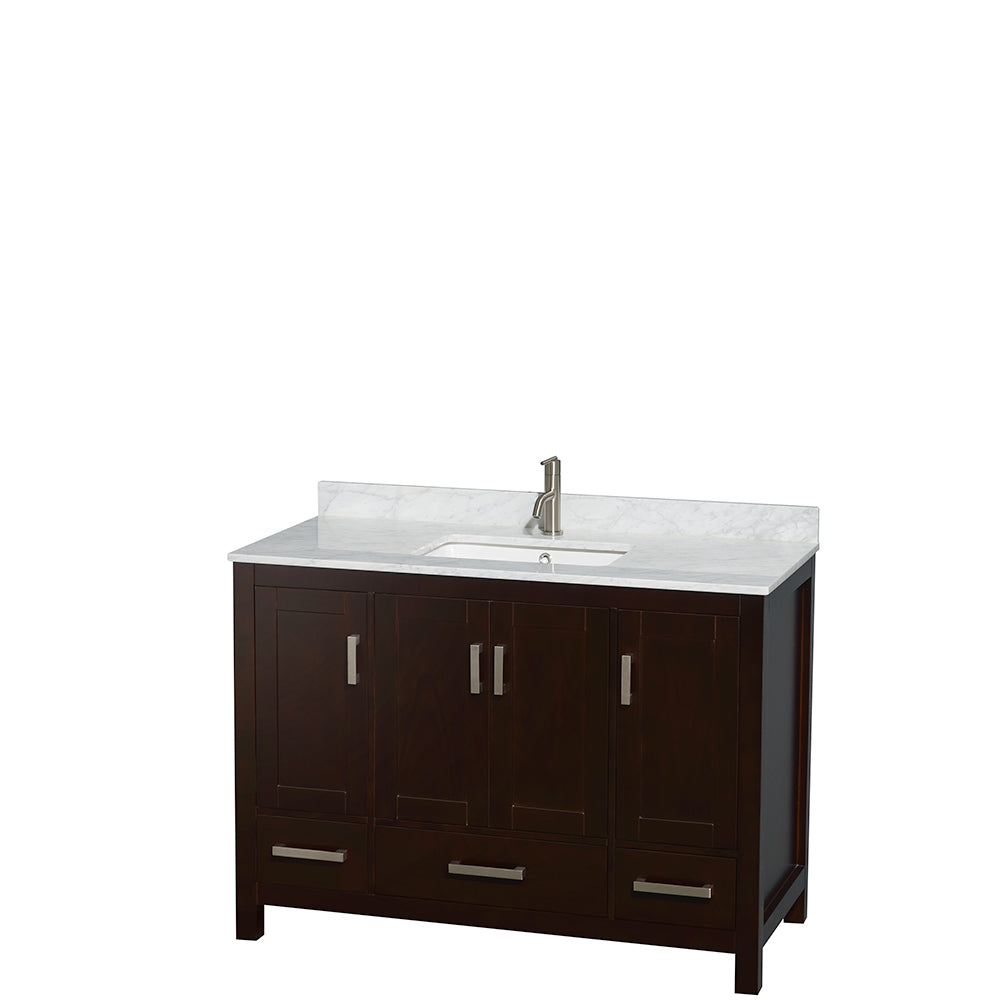 Sheffield 48 inch Single Bathroom Vanity in Espresso, White Carrara Marble Countertop, Undermount Square Sink, and No Mirror