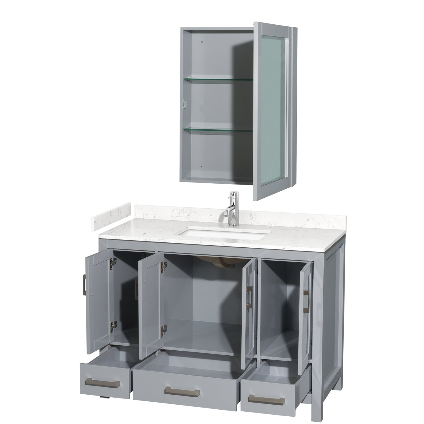 Sheffield 48" Single Vanity in Gray, Carrara Marble Top, Square Medicine Cabinet