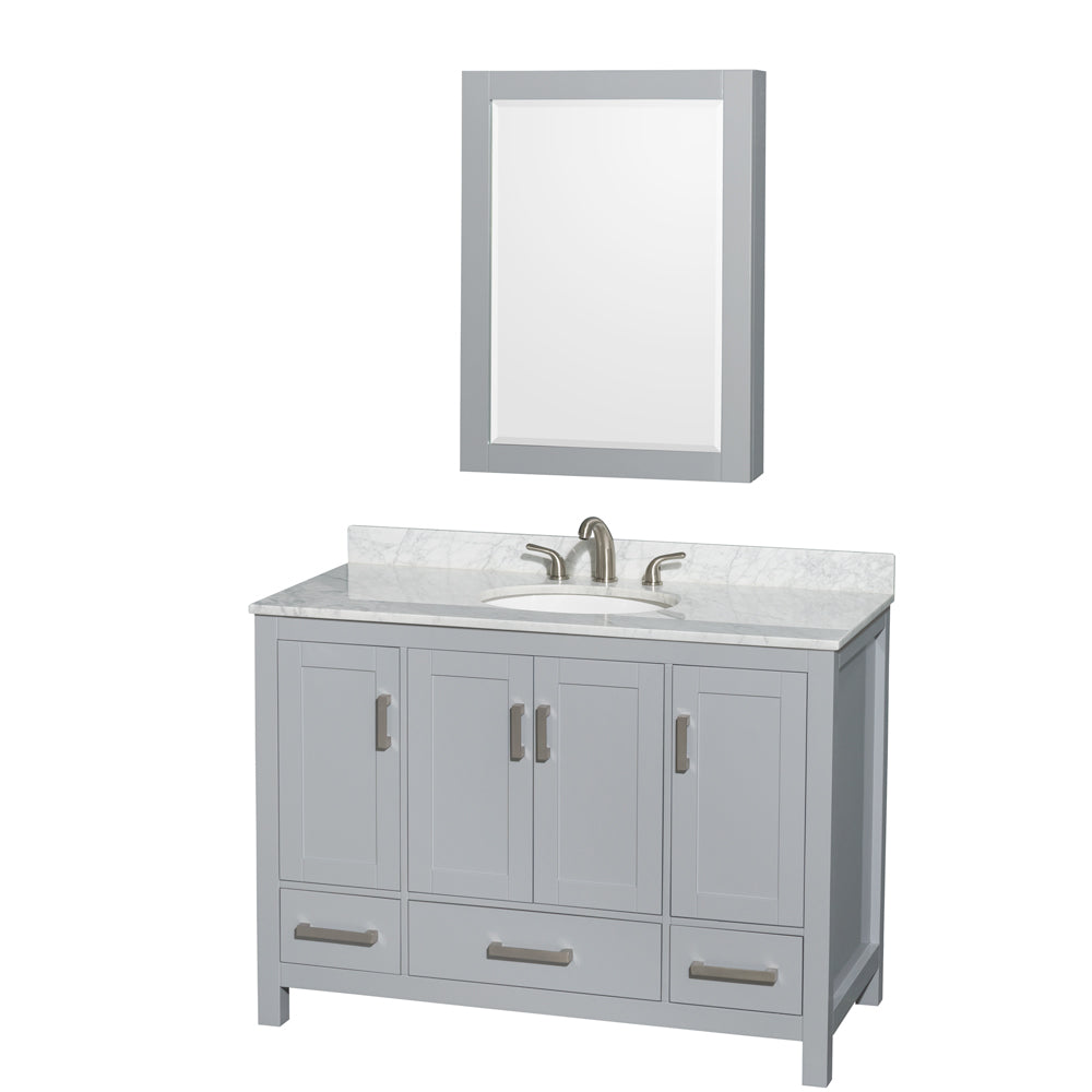 Sheffield 48 inch Single Bathroom Vanity in Gray, White Carrara Marble Countertop, Undermount Oval Sink, and Medicine Cabinet