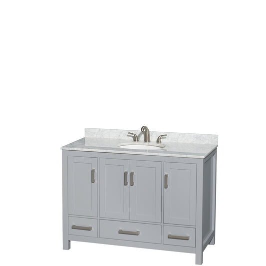 Sheffield 48 inch Single Bathroom Vanity in Gray, White Carrara Marble Countertop, Undermount Oval Sink, and No Mirror