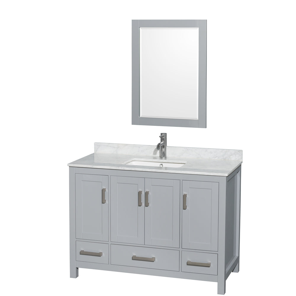 Sheffield 48 inch Single Bathroom Vanity in Gray, White Carrara Marble Countertop, Undermount Square Sink, and 24 inch Mirror