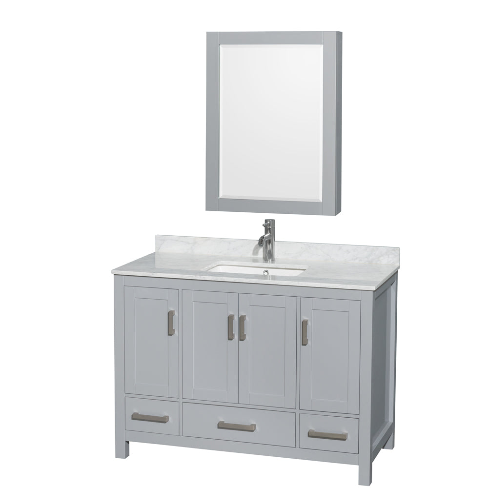 Sheffield 48 inch Single Bathroom Vanity in Gray, White Carrara Marble Countertop, Undermount Square Sink, and Medicine Cabinet