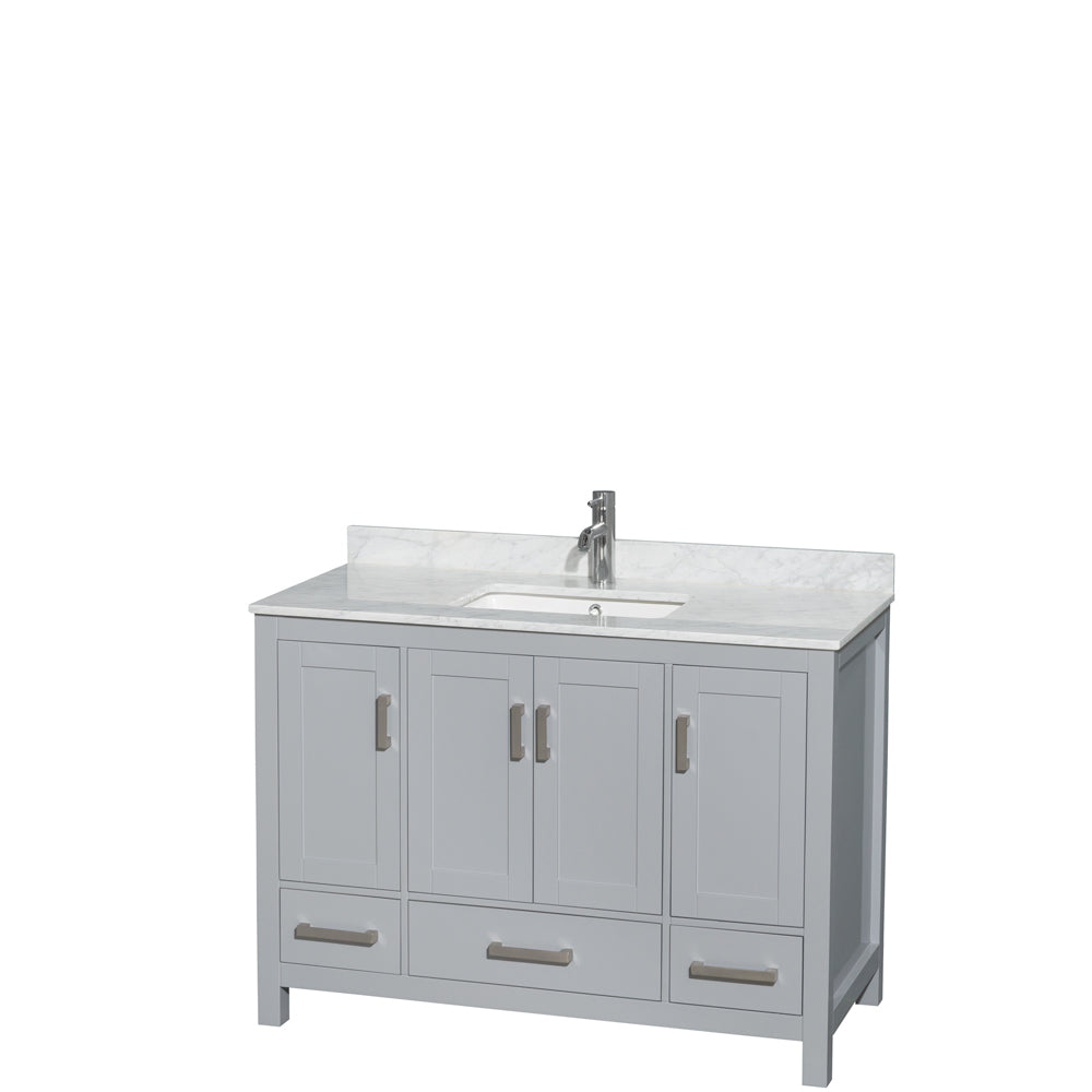 Sheffield 48 inch Single Bathroom Vanity in Gray, White Carrara Marble Countertop, Undermount Square Sink, and No Mirror