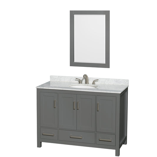 Sheffield 48 inch Single Bathroom Vanity in Dark Gray, White Carrara Marble Countertop, Undermount Oval Sink, and 24 inch Mirror