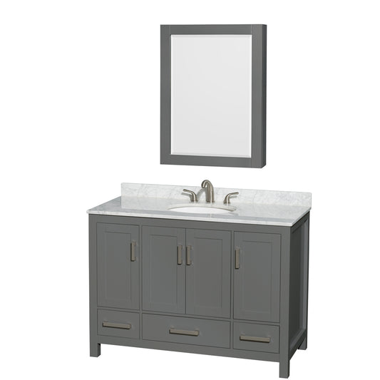 Sheffield 48 inch Single Bathroom Vanity in Dark Gray, White Carrara Marble Countertop, Undermount Oval Sink, and Medicine Cabinet