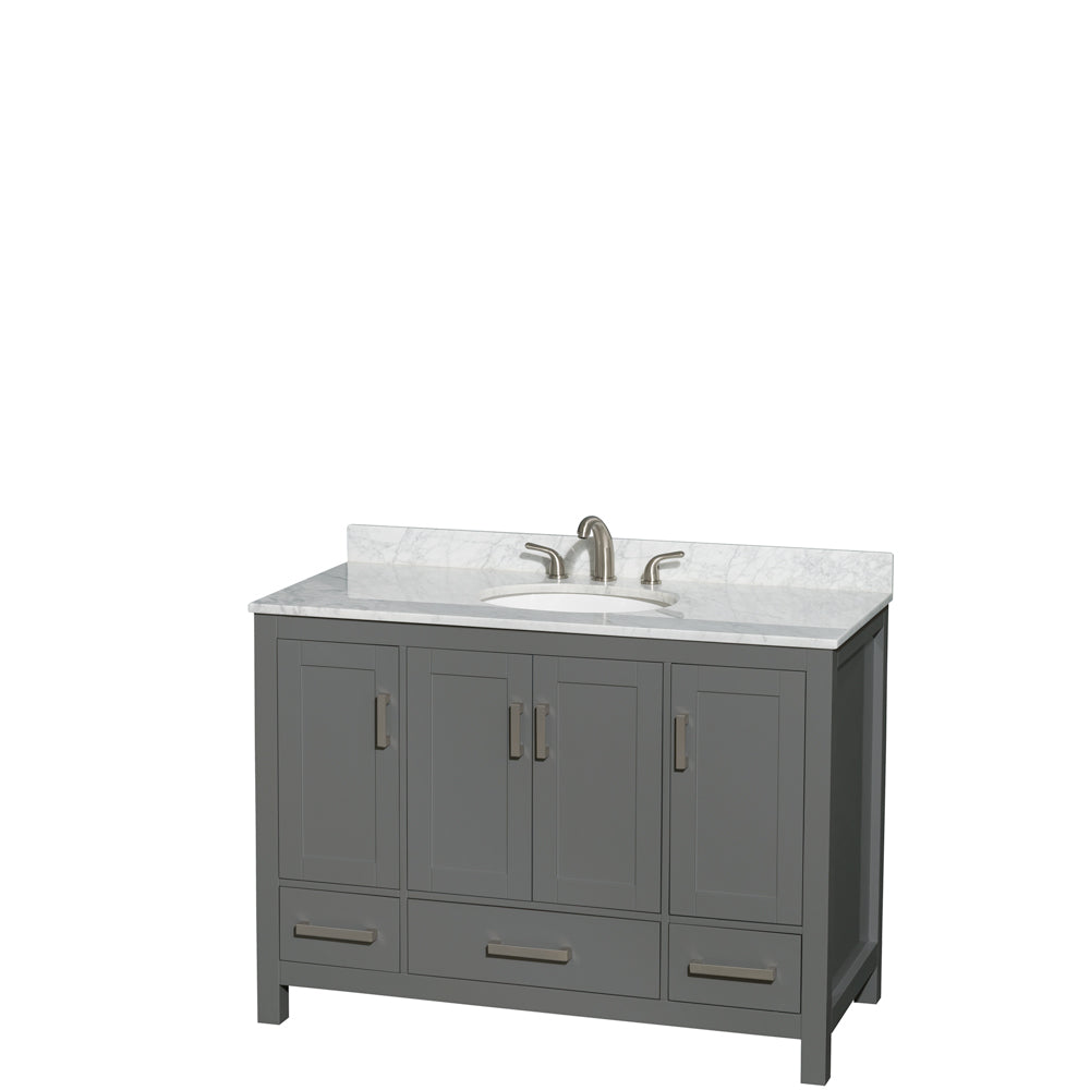 Sheffield 48 inch Single Bathroom Vanity in Dark Gray, White Carrara Marble Countertop, Undermount Oval Sink, and No Mirror