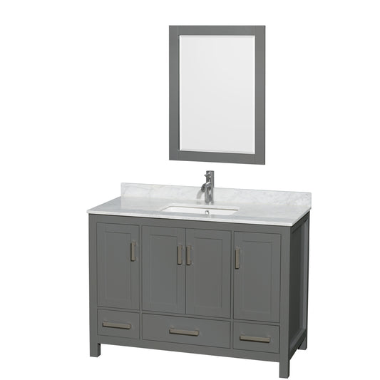 Sheffield 48 inch Single Bathroom Vanity in Dark Gray, White Carrara Marble Countertop, Undermount Square Sink, and 24 inch Mirror