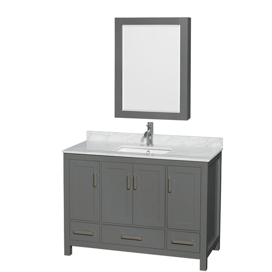 Sheffield 48 inch Single Bathroom Vanity in Dark Gray, White Carrara Marble Countertop, Undermount Square Sink, and Medicine Cabinet