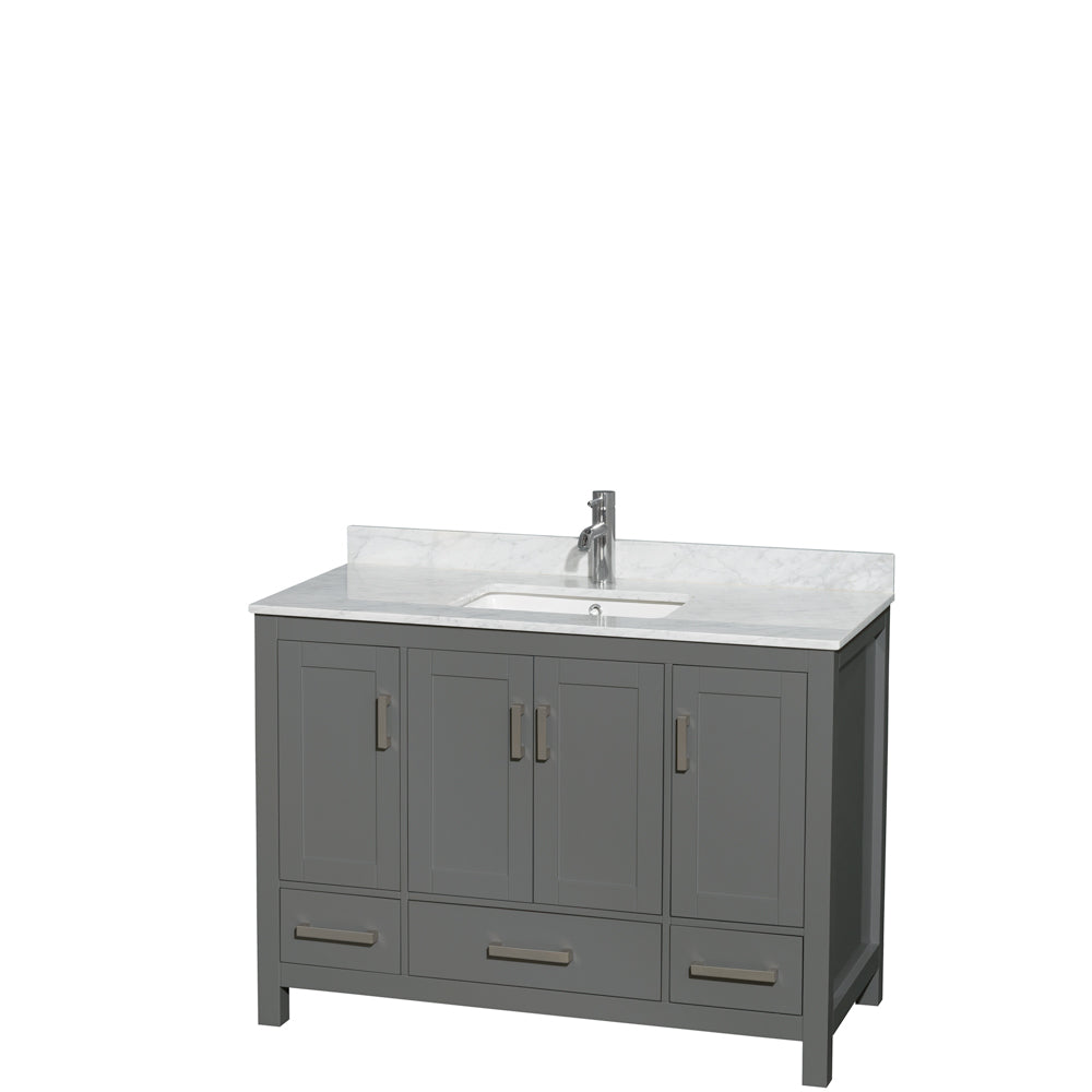 Sheffield 48 inch Single Bathroom Vanity in Dark Gray, White Carrara Marble Countertop, Undermount Square Sink, and No Mirror