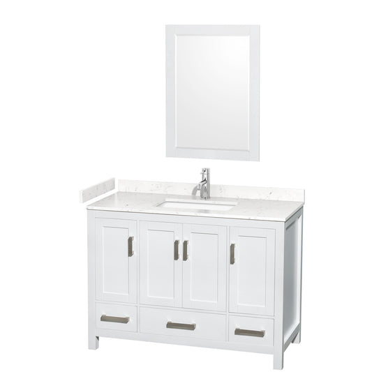 Sheffield 48" Single Vanity in White, Carrara Marble Top, Square 24" Mirror