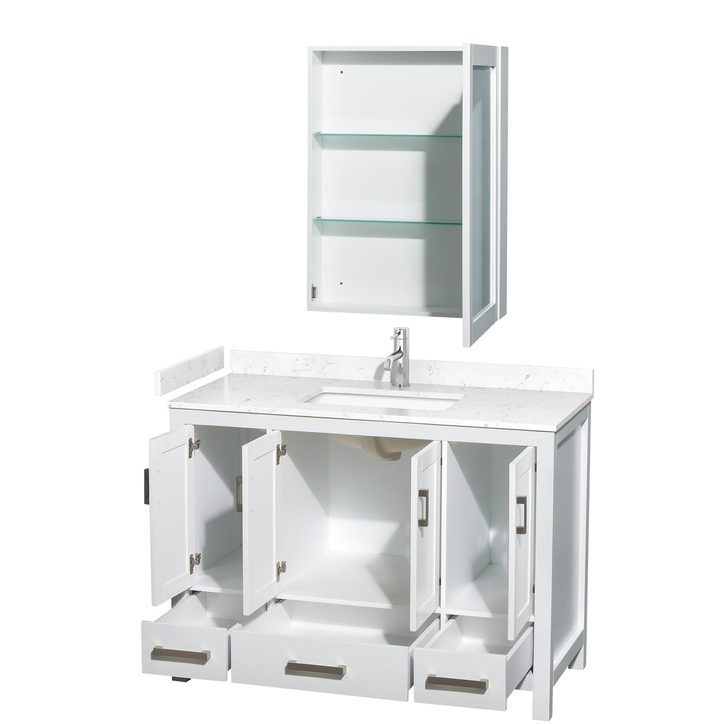 Sheffield 48" Single Vanity in White, Carrara Marble Top, Medicine Cabinet