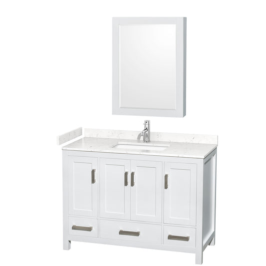 Sheffield 48" Single Vanity in White, Carrara Marble Top, Medicine Cabinet