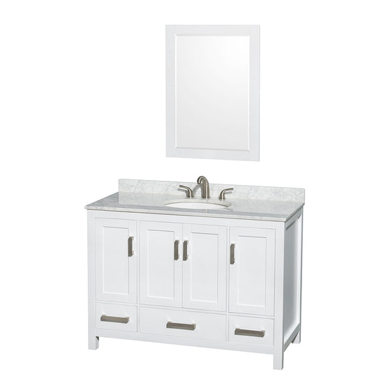 Sheffield 48 inch Single Bathroom Vanity in White, White Carrara Marble Countertop, Undermount Oval Sink, and 24 inch Mirror