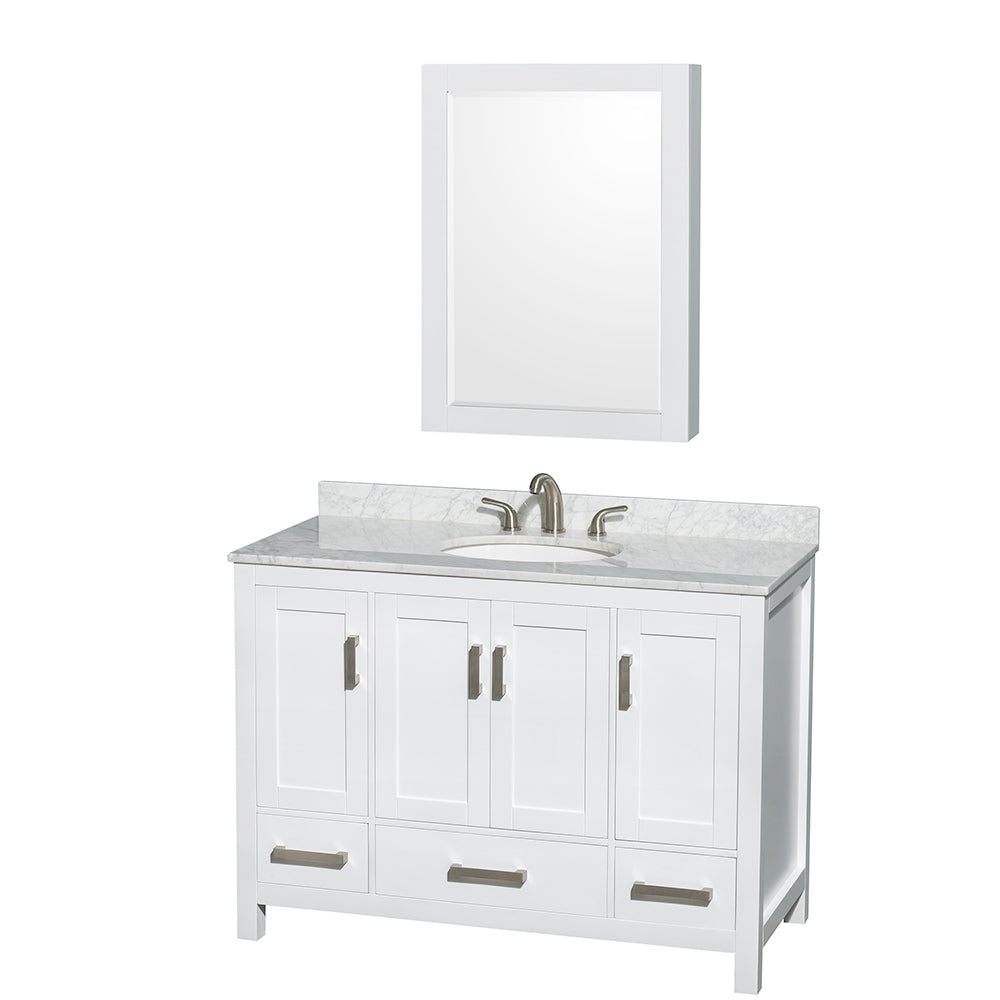 Sheffield 48 inch Single Bathroom Vanity in White, White Carrara Marble Countertop, Undermount Oval Sink, and Medicine Cabinet