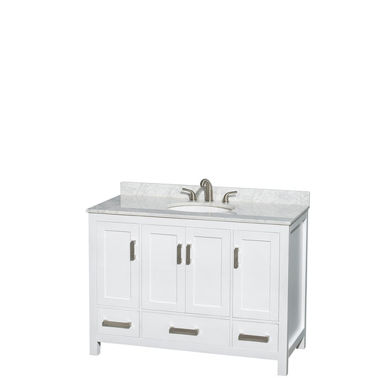 Sheffield 48 inch Single Bathroom Vanity in White, White Carrara Marble Countertop, Undermount Oval Sink, and No Mirror