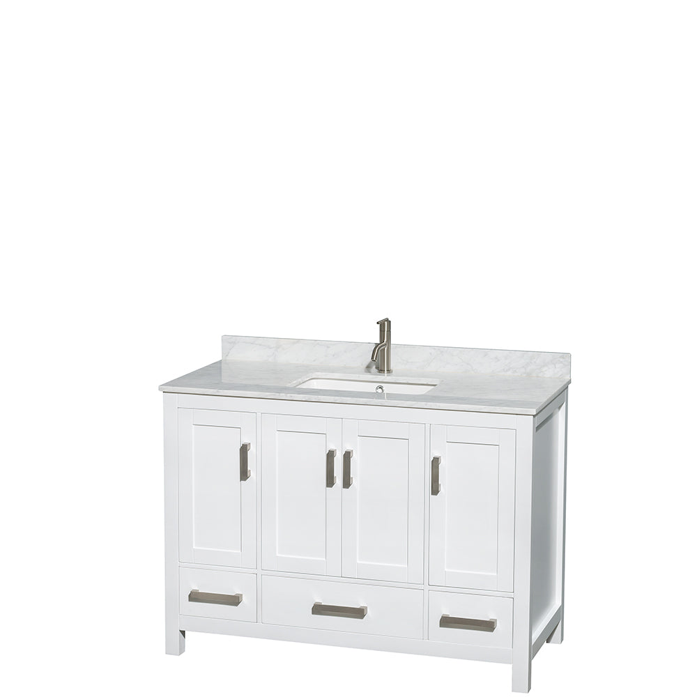 Sheffield 48 inch Single Bathroom Vanity in White, White Carrara Marble Countertop, Undermount Square Sink, and No Mirror