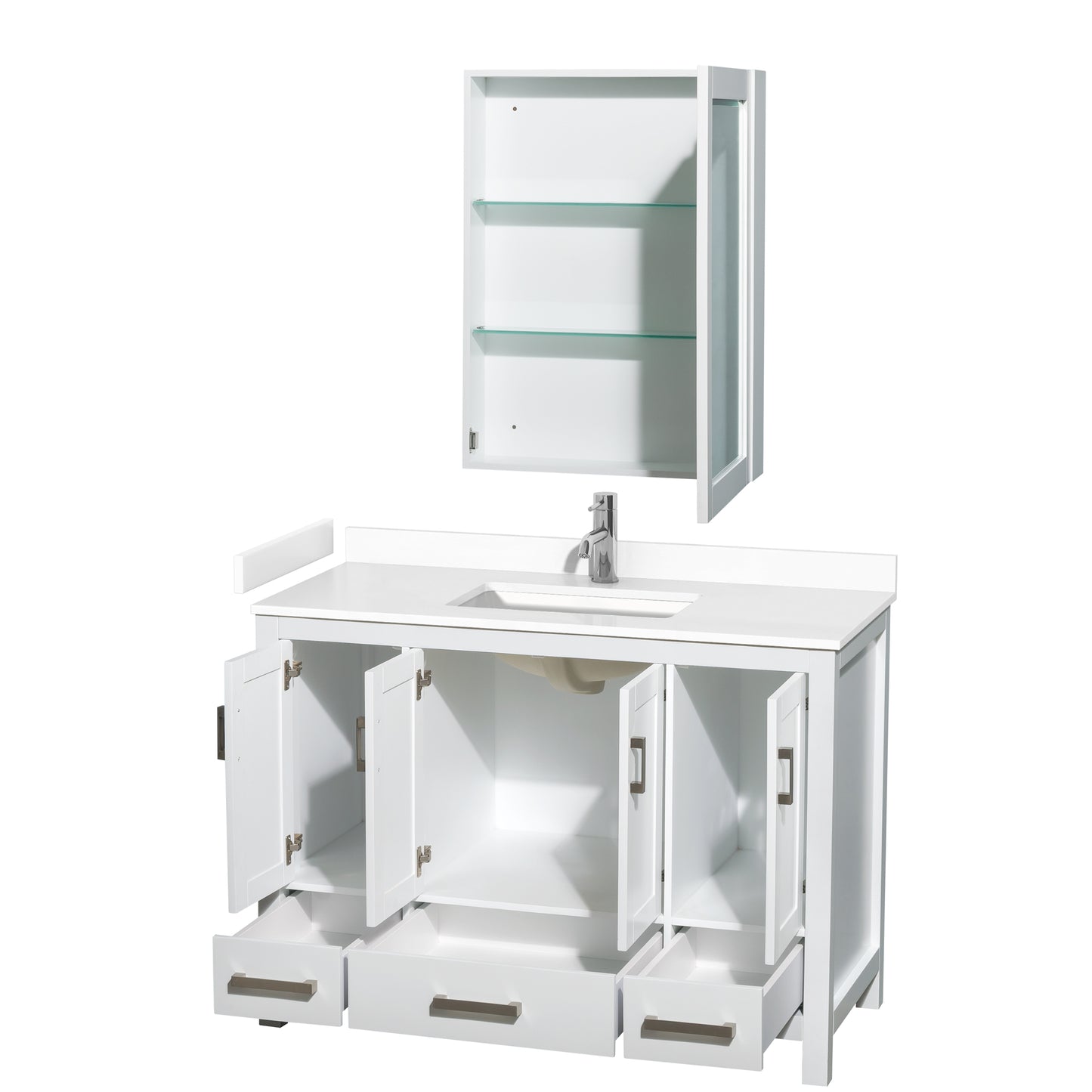 Sheffield 48" Single Vanity in White, White Marble Top, Square Medicine Cabinet