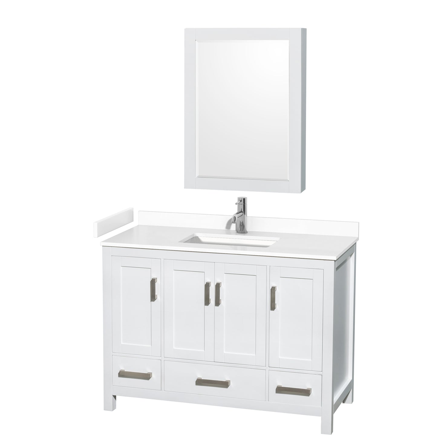 Sheffield 48" Single Vanity in White, White Marble Top, Square Medicine Cabinet
