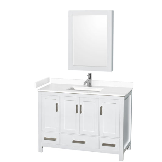 Sheffield 48" Single Vanity in White, White Marble Top, Square Medicine Cabinet