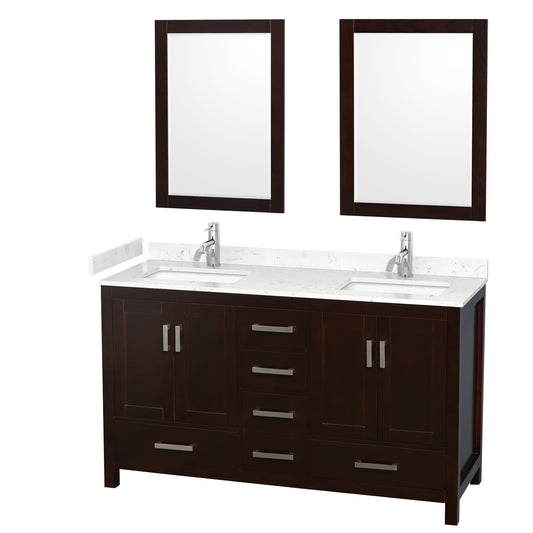 Sheffield 60" Double Vanity in Espresso, Carrara Marble Top, Square 24" Mirrors