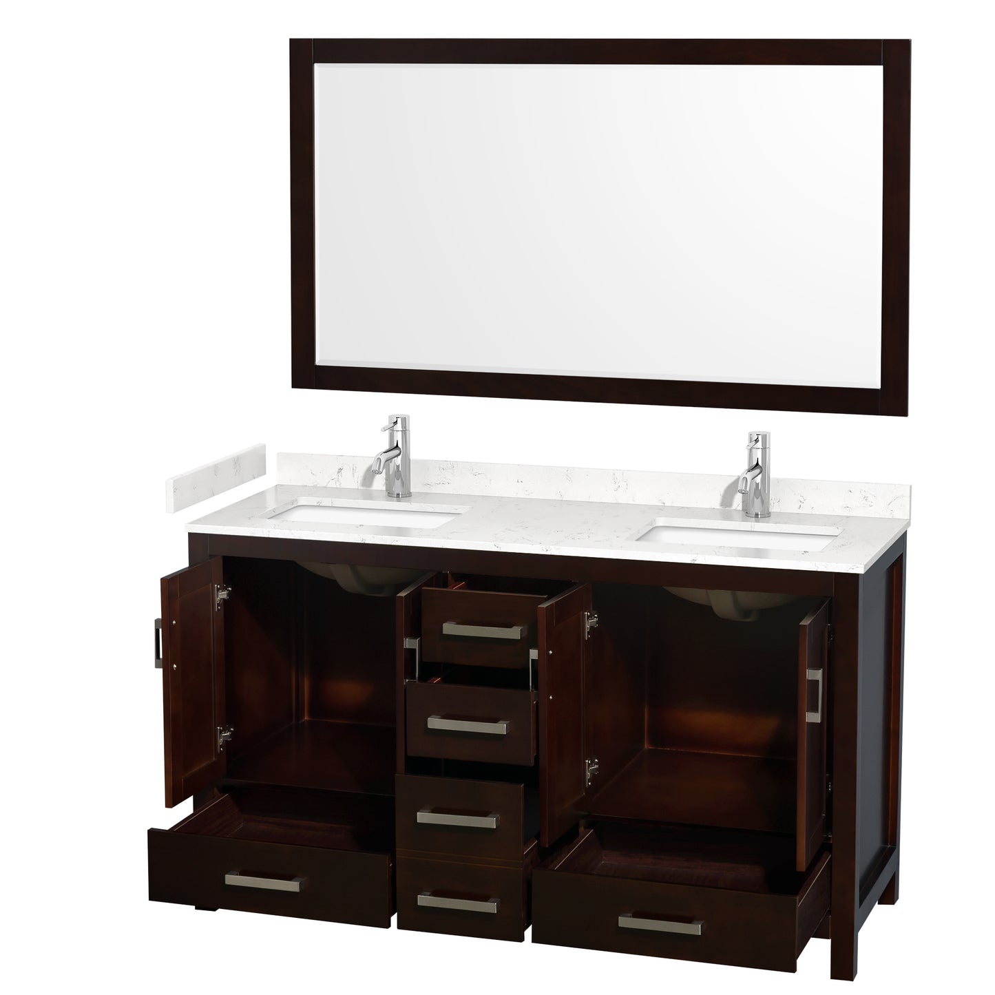 Sheffield 60" Double Vanity in Espresso, Carrara Marble Top, Square 58" Mirror