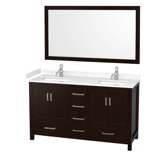 Sheffield 60" Double Vanity in Espresso, Carrara Marble Top, Square 58" Mirror
