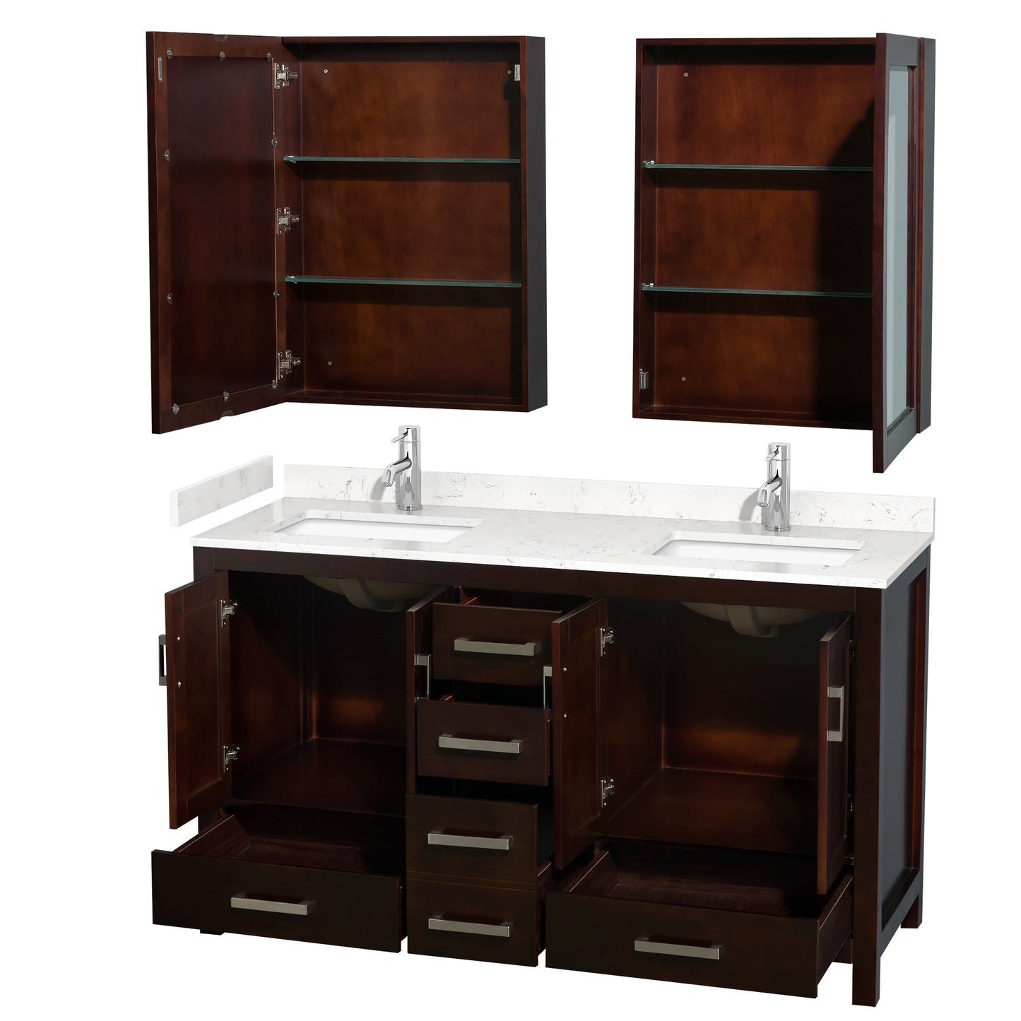 Sheffield 60" Double Vanity in Espresso, Carrara Marble Top, Medicine Cabinets
