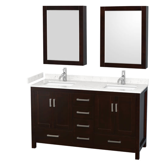 Sheffield 60" Double Vanity in Espresso, Carrara Marble Top, Medicine Cabinets