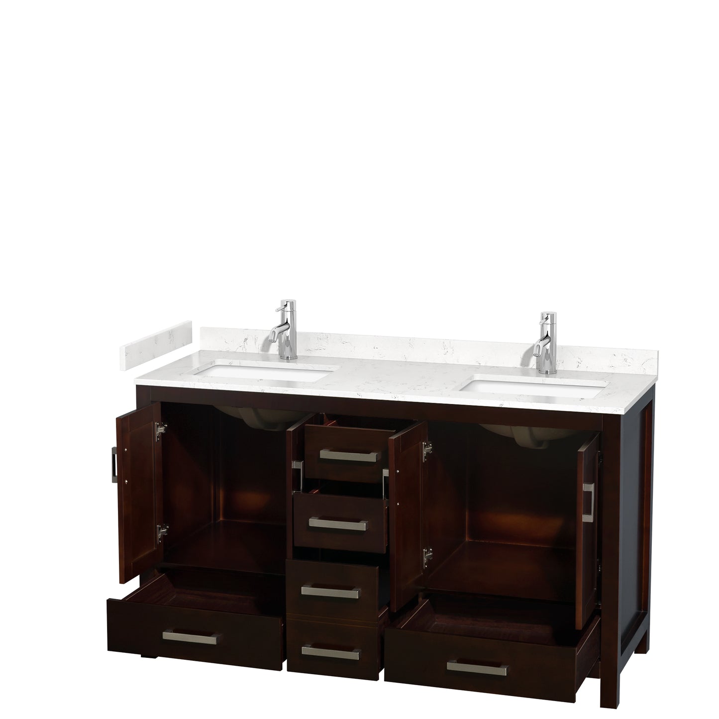 Sheffield 60" Double Vanity in Espresso, Carrara Marble Top, Square No Mirror