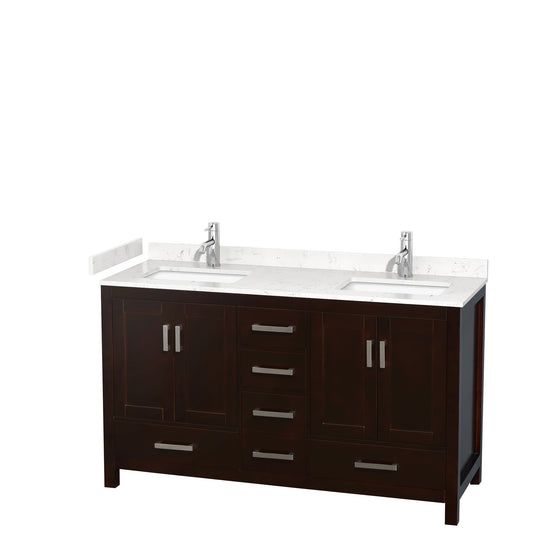 Sheffield 60" Double Vanity in Espresso, Carrara Marble Top, Square No Mirror