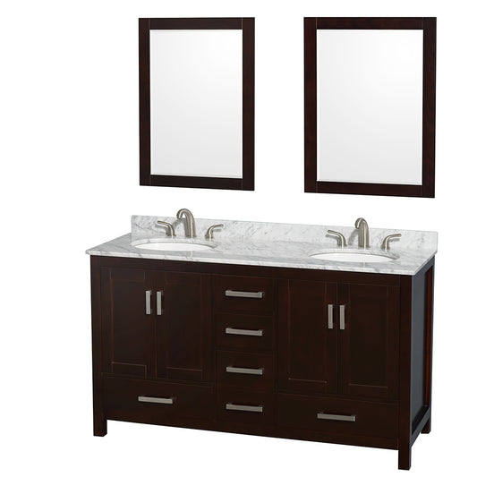 Sheffield 60 inch Double Bathroom Vanity in Espresso, White Carrara Marble Countertop, Undermount Oval Sinks, and 24 inch Mirrors