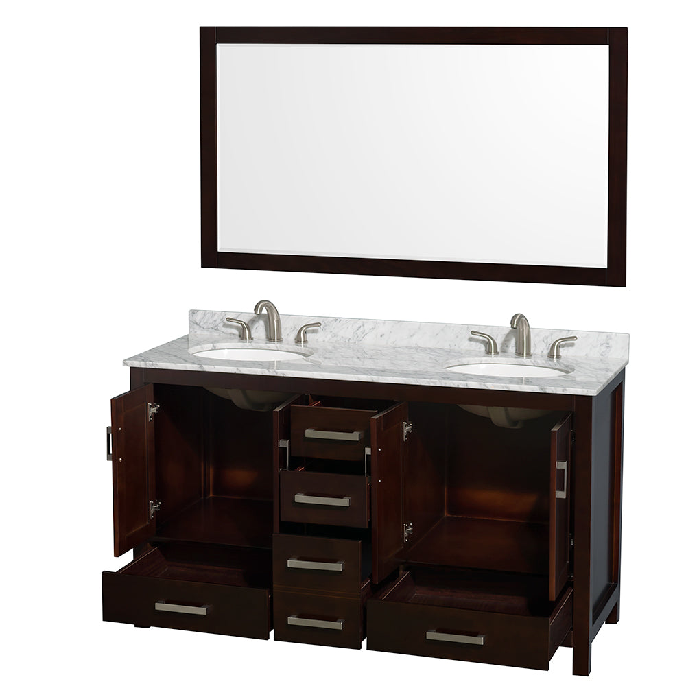 Sheffield 60" Double Vanity in Espresso, Top, Oval Sinks, 58" Mirror