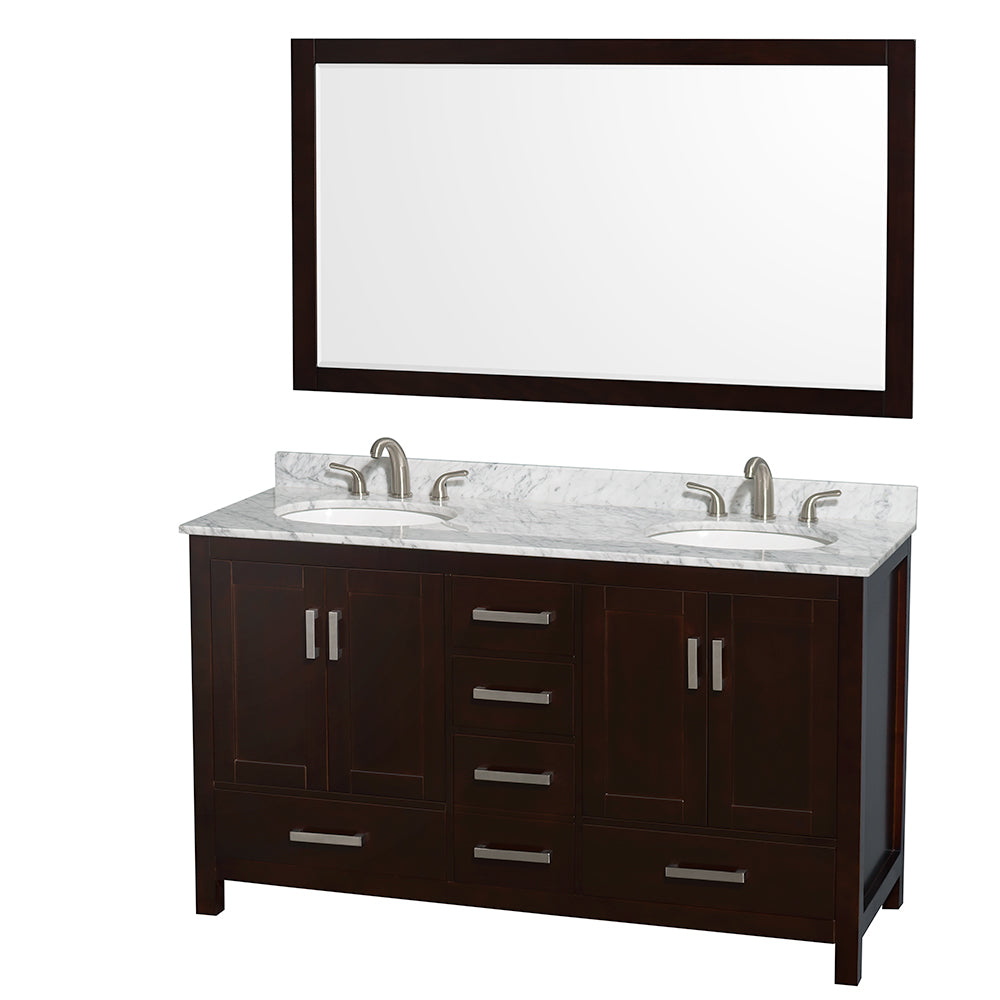 Sheffield 60 inch Double Bathroom Vanity in Espresso, White Carrara Marble Countertop, Undermount Oval Sinks, and 58 inch Mirror