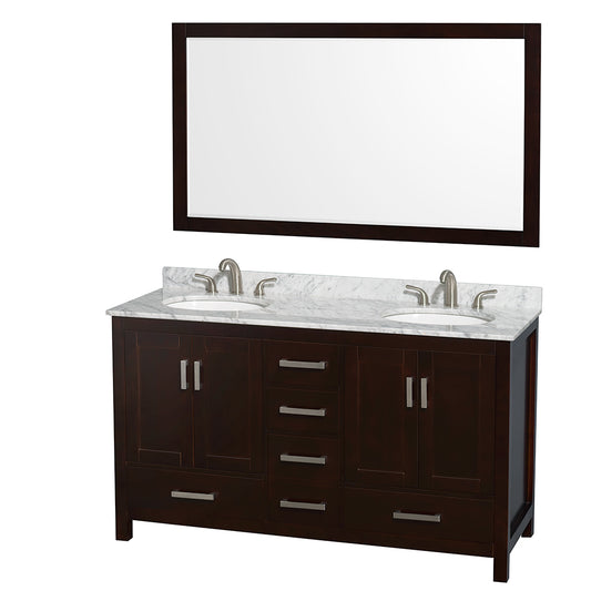 Sheffield 60 inch Double Bathroom Vanity in Espresso, White Carrara Marble Countertop, Undermount Oval Sinks, and 58 inch Mirror