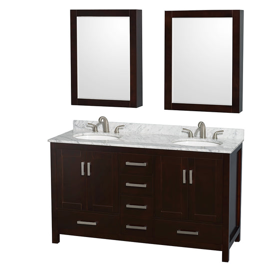 Sheffield 60 inch Double Bathroom Vanity in Espresso, White Carrara Marble Countertop, Undermount Oval Sinks, and Medicine Cabinets