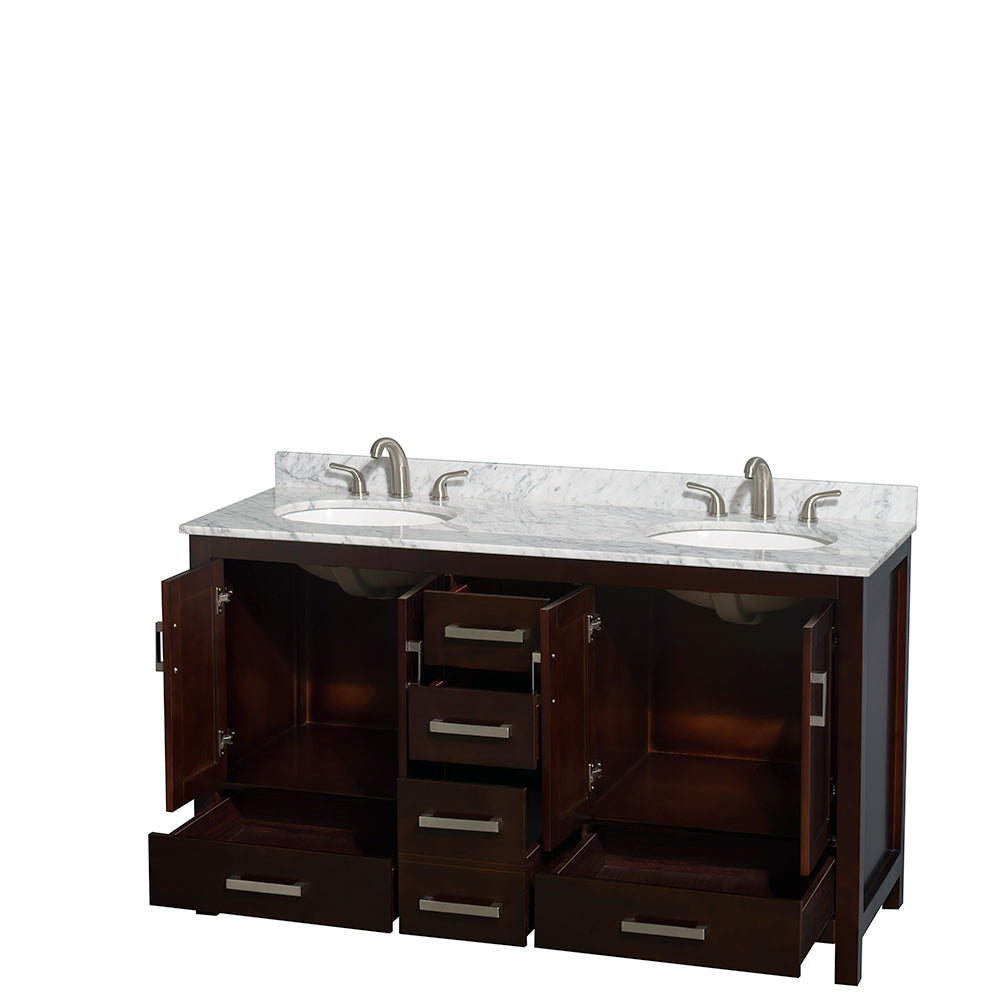 Sheffield 60" Double Vanity in Espresso, Top, Oval Sinks, No Mirror