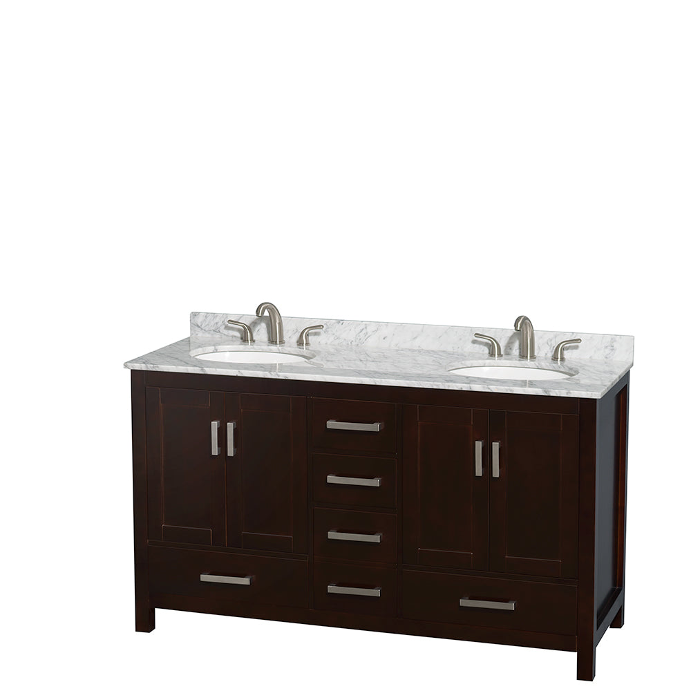 Sheffield 60 inch Double Bathroom Vanity in Espresso, White Carrara Marble Countertop, Undermount Oval Sinks, and No Mirror