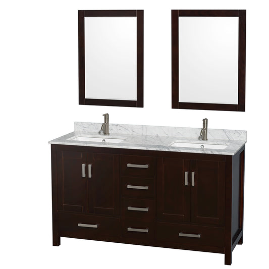 Sheffield 60 inch Double Bathroom Vanity in Espresso, White Carrara Marble Countertop, Undermount Square Sinks, and 24 inch Mirrors