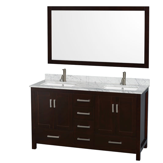 Sheffield 60 inch Double Bathroom Vanity in Espresso, White Carrara Marble Countertop, Undermount Square Sinks, and 58 inch Mirror